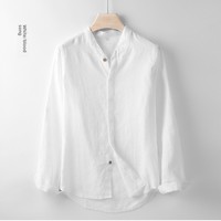 Chemise décontractée homme col mandarin en lin et coton, coupe ajustée, manches longues, style chinois, couleur unie, style fin, printemps/été