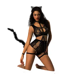 Costume sexy pour boîte de nuit, uniforme de chat fille de couleur noire, maille, lingerie sexy