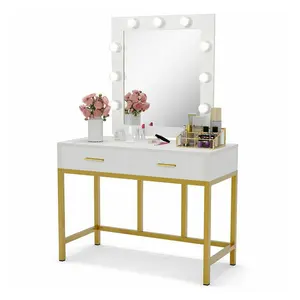 New Modern Design Bedroom Furniture Gold Metal Wood Wooden Storage Makeup Vanity Dresser With Large Mirror 9 LED Bulbs
