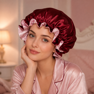 EHALER Doppellagige Satin-Haube mit Rüschenrand, Schlafmütze für Frauen, Elastische Nachtmütze für Lockiges Naturhaar - Product Image 2