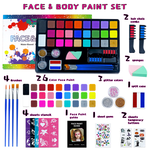 Kit de peinture corporelle professionnelle non toxique à base d'eau pour enfants et adultes, 26 couleurs, maquillage de fête d'Halloween, <span class=keywords><strong>pochoir</strong></span>, pinceau, éponge - Product Image 3