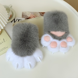 Pluche Dierenpoothandschoenen Voor Halloween Cosplay-Zachtroze En Wit Nepbont Met Cartoon Kat/Hond/Vos Ontwerp - Product Image 4