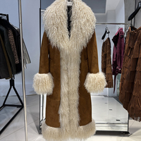 Manteau long surdimensionné en daim véritable et peau de mouton, fourrure de mouton de Mongolie, vêtement d'extérieur en cuir vintage pour femme