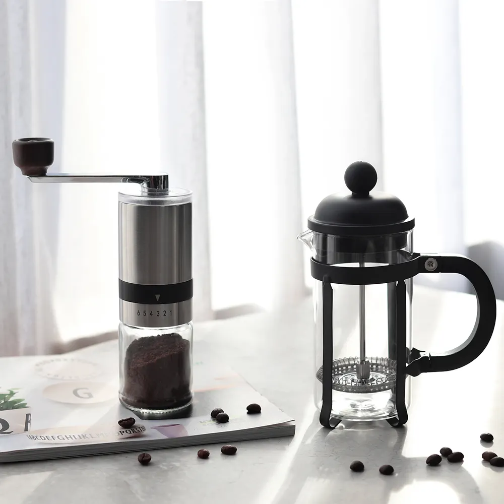 French Press Coffee Maker and Spice Mill Coffee Burr Grinder Hand Coffee Press Gift Set for Christmas Gifts for Men Ideas