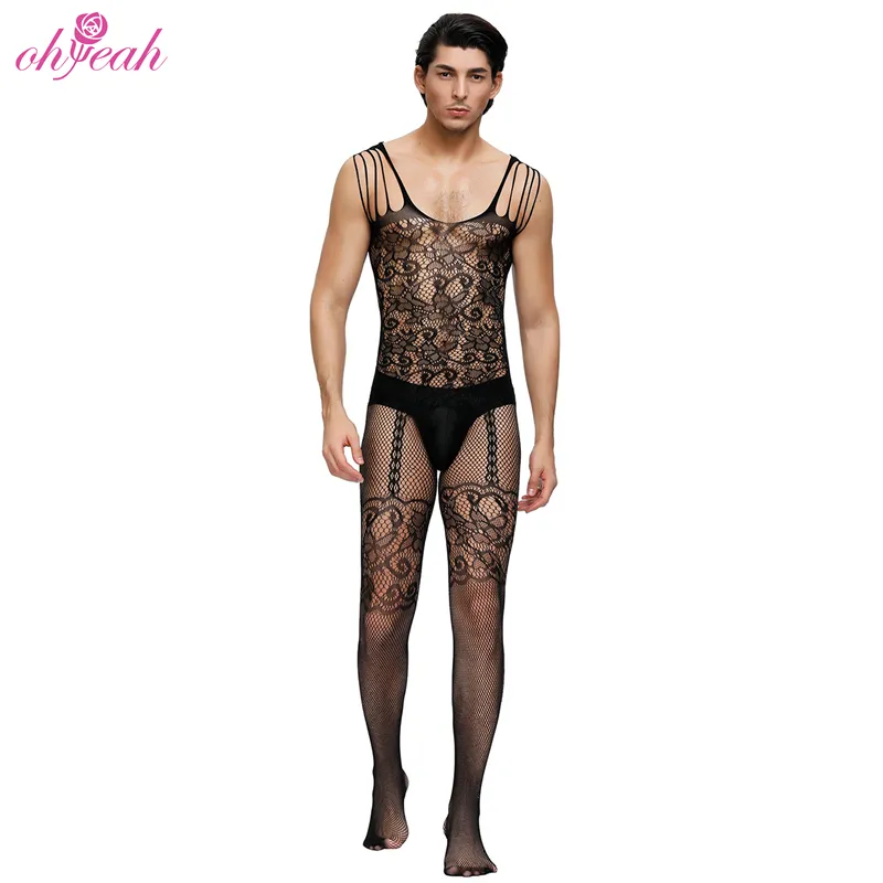 Lingerie sexy de nylon para homens, alta qualidade, preto transparente, padrão floral, meias body, lingerie para homens sensuais, moda gay, preço de atacado