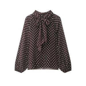 ZEVITY Camicetta da donna in chiffon a pois con fiocco alla moda, colletto alla coreana, maniche lunghe, dolce ed elegante, per le vacanze - Product Image 4