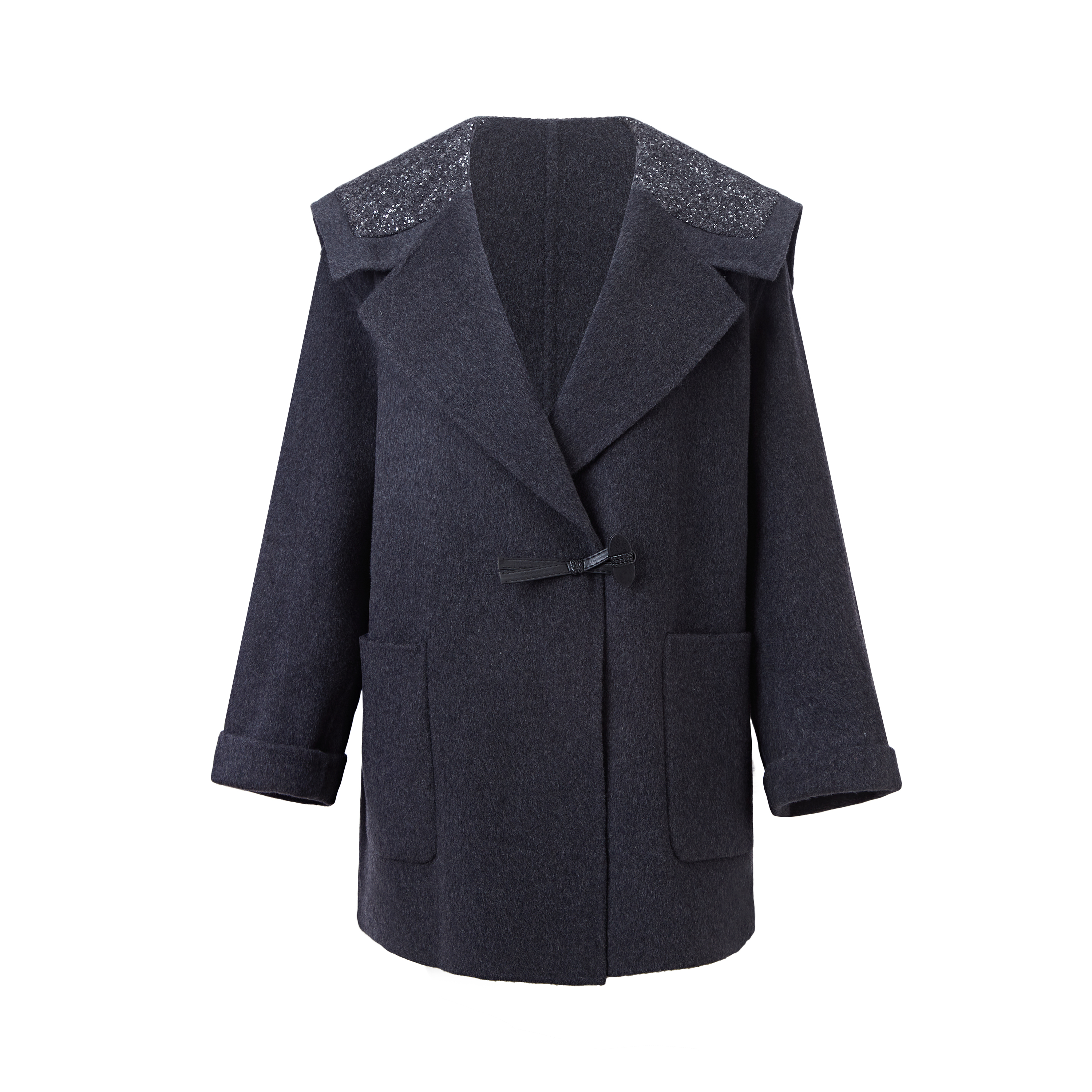 Women's Cashmere Wool Blend Knitted Eco-Friendly Mid-Length Overcoat Warm Reversible Windproof Oversized Lapel Toggle-Button