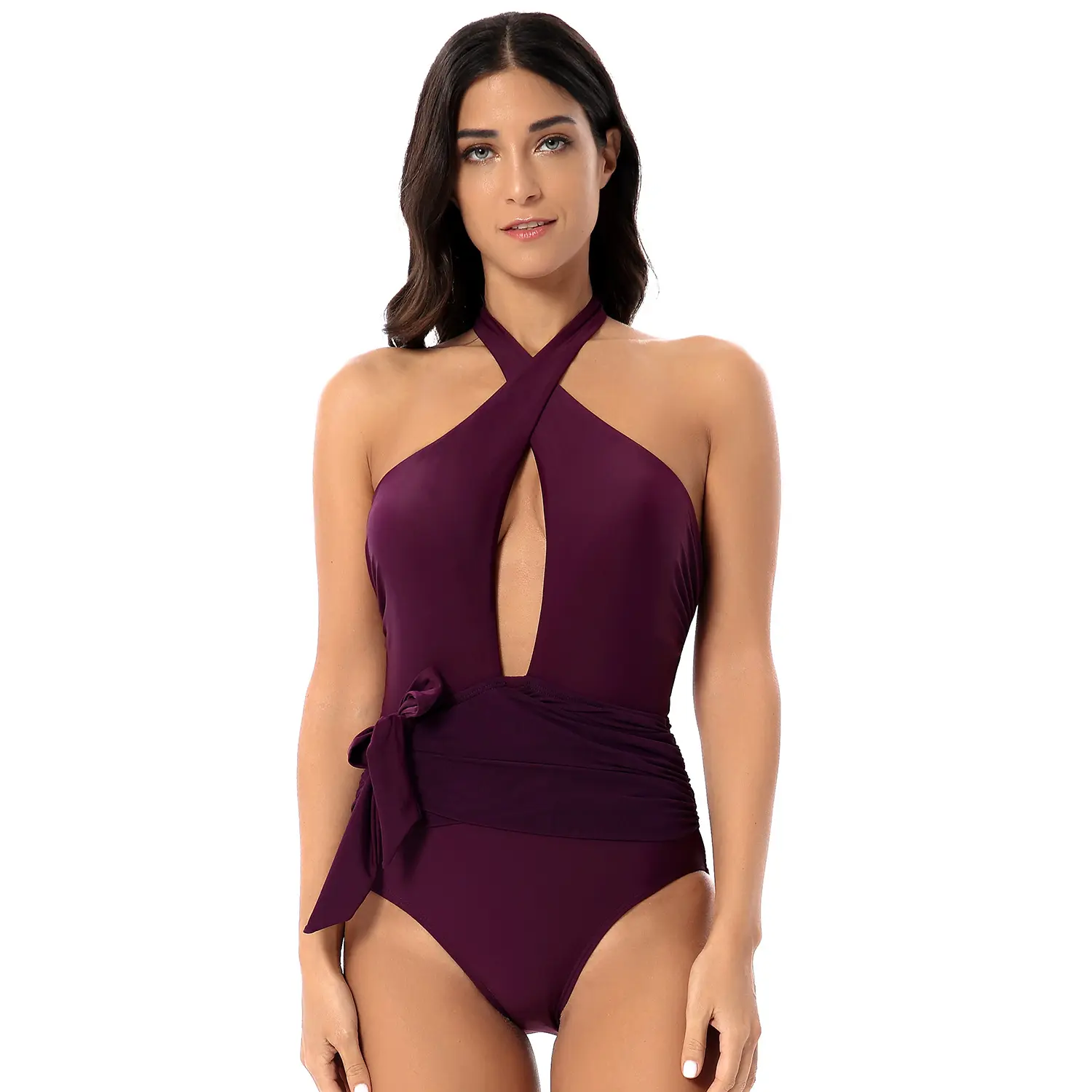 Hot bán của phụ nữ sexy cơ bản criss-cross đồ bơi sâu mở phía trước một mảnh đồ bơi Bikini màu đỏ