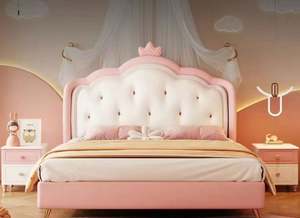 Lit de princesse français en forme de fraise avec design de couronne - Lit en bois moderne de taille normale confortable pour la chambre des filles - Product Image 3
