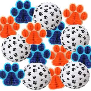 Ensemble de décoration de fête imprimé de pattes de chien bleu <span class=keywords><strong>orange</strong></span> 15 pièces lanternes en papier boule nid d'abeille 3D suspendus fournitures de décoration de fête d'anniversaire - Product Image 1
