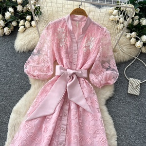 <span class=keywords><strong>Robe</strong></span> trapèze en dentelle brodée ajourée pour femme, manches longues, cintrée à la taille, amincissante, idéale pour le printemps et l'été, style navetteur - Product Image 5