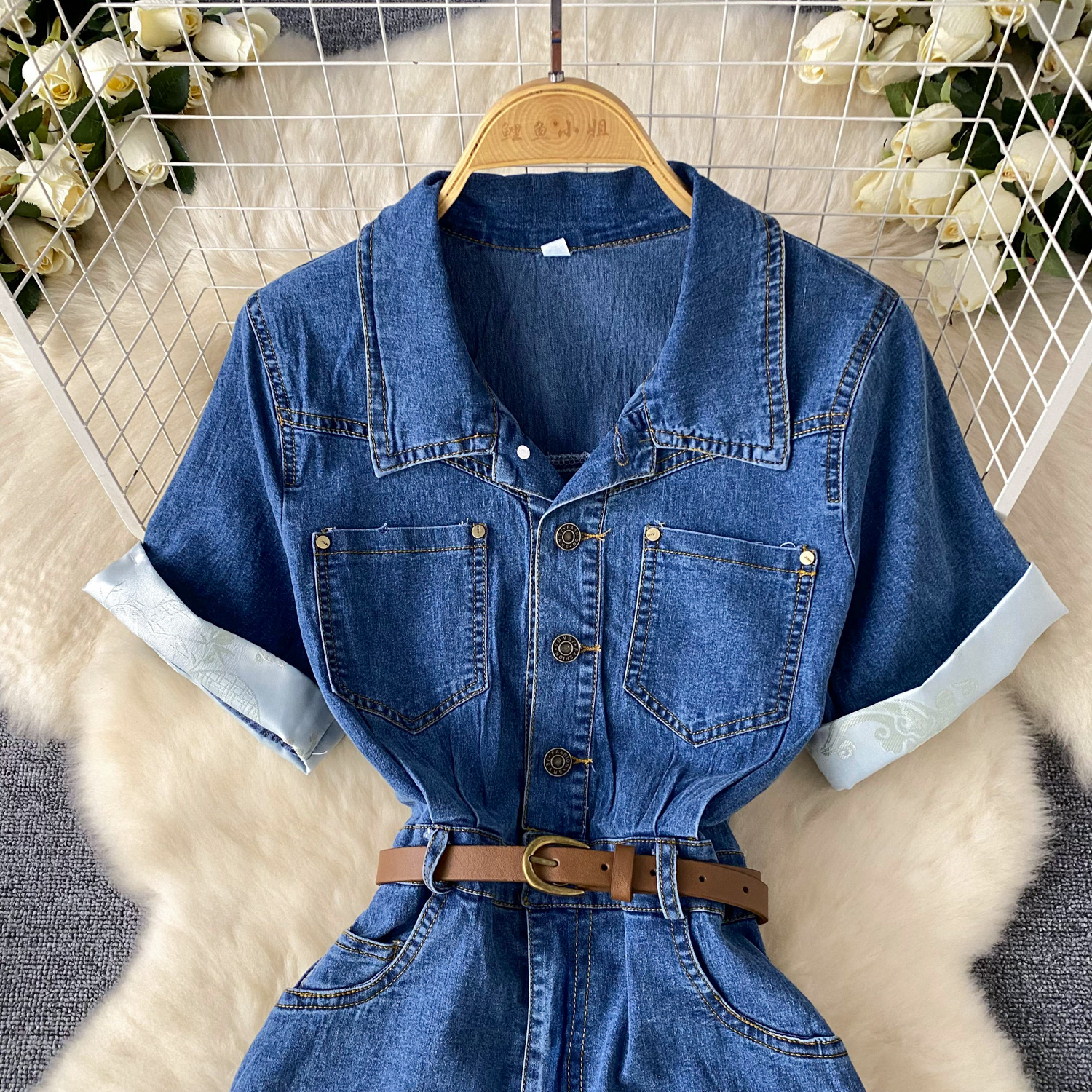 Elegant Empire Denim Midi Summer Dress For Women With Short Sleeves Elegant Empire Denim Midi Summer Dress For Women With Short Sleeves