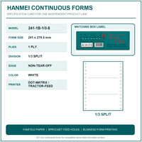 Papier continu HANMEI 241 mm, 80 colonnes, 1 pli, 1/3 de pli, pour imprimantes matriciels à alimentation par tracteur