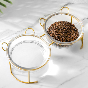 Cuenco para mascotas, cuenco de vidrio doble para perros y gatos con marco de hierro, soporte dorado, alimentador cuenco de agua elevado, suministros para mascotas, accesorios - Product Image 2