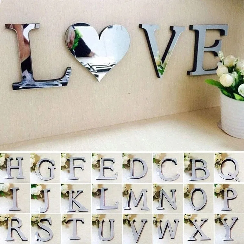 Efeito Espelho Adesivos de Parede 3D 26 inglês Letras Do Alfabeto Acrílico Palavras Espelhos Adesivo de Parede Decalques DIY Arte Casa Decorações