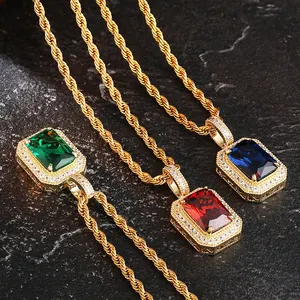 KRKC Hip Hop Hot sell 18k Gold Ruby Sapphire Emerald Black Real Crystal Gemstone Pendant Iced Out 5A CZ Stone Jewelry Set