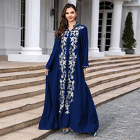 Robe Abaya Boubou à Col en V, Kaftan Thobe Marocain, Robe Abaya Florale Brodé Style Arabe Turc Décontracté, Robe Ethnique du Ramadan