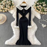 Robe sirène élégante en maille à manches longues pour femme, col à volants, boutons perlés, vêtements décontractés pour soirée, robes décontractées