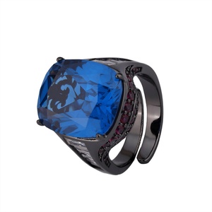 Fashion Jewelry Eco-friendly Copper Black Gold Plated 14*16MM Blue Cubic Zirconia Non Tarnishing <b>Rings</b> for Women - Product Image 1