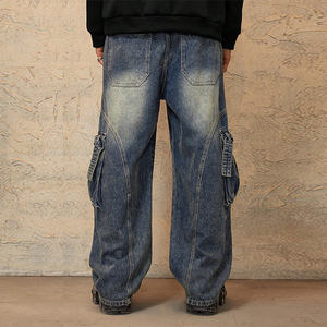 بنطلون جينز مغسول للوزن الثقيل-بناء ثلاثي الأبعاد متعدد الجيوب-خصر برباط وغرزات متعثرة - Product Image 6