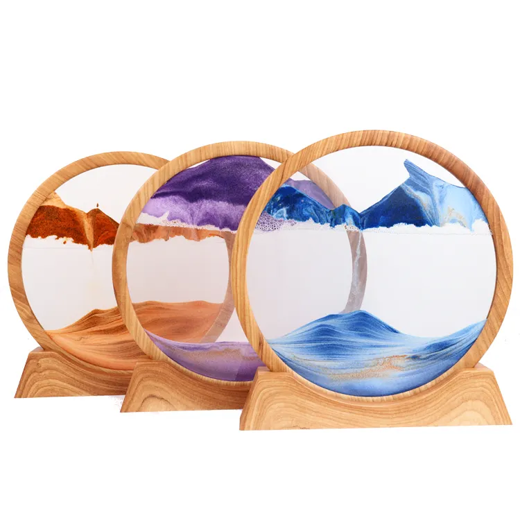 Wooden Frame Dynamic Moving Sand Art Picture Round Glass 3D Hourglass Home Desktop Decor Sensory Toys