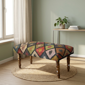 Banco Tejido Estilo Bohemio con Patrón de Hojas y Patas de Madera, Decoración para Entrada Interior, Mueble Decorativo Rectangular Resistente - Product Image 2