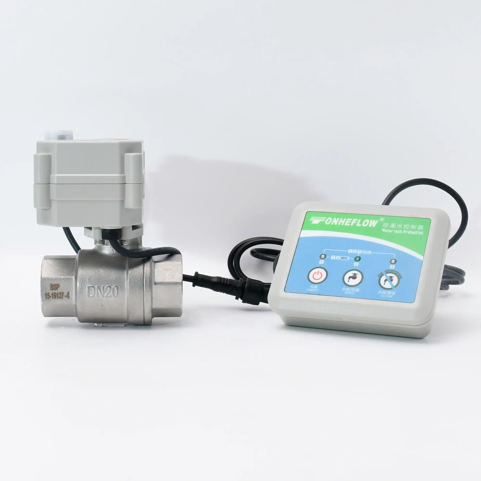 wireless remote water leak control detection system 3/4" inch DN20 stainless steel motorized ball valve with manual operatioon