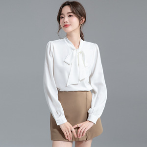 White Long Sleeve Satin Blouse With Bow Tie For Commuting Spring Autumn French Style Women's Shirt Solid Color Polyester Q132 - Product Image 1