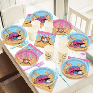 Vaisselle de fête sur le thème du baseball et de la crème glacée : Assiettes et serviettes bleues et roses pour anniversaire, camping, baby shower - Product Image 6