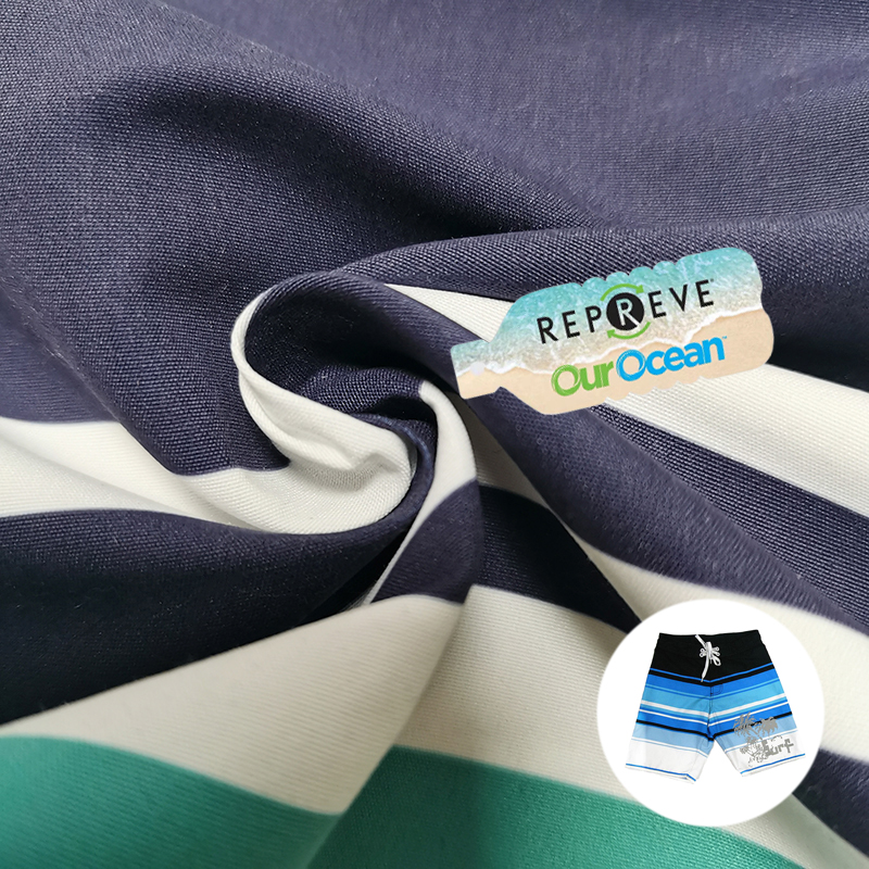100% полиэстер, морская переработанная ткань, белые полосатые пляжные брюки, ткань 75D, переработанный полиэстер, пляжные шорты с принтом, ткань
