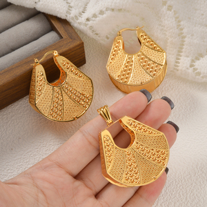 luxury statement western women 18k gold plated hollow fan pendant <b>snake</b> chain trapezoid drop dangle earrings and necklace set - Product Image 5