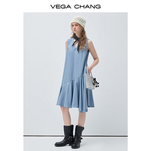 Robe d'été mi-longue décontractée VEGA CHANG <span class=keywords><strong>bleu</strong></span> clair sans manches à col en V et ourlet asymétrique à volants, respirante - Product Image 6