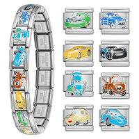 Bracelet extensible en acier inoxydable avec breloques de voitures de dessin animé, thème film, style italien, 9 mm, breloques mignonnes de voitures de course, bijoux pour enfants, vente en gros