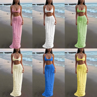 Ensemble 2 pièces tendance pour femme : débardeur tricoté sans manches à col halter avec motifs floraux 3D et jupe longue, idéal pour l'été et la plage