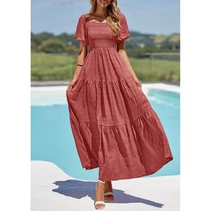 Robe longue d'été pour femme à manches bouffantes, col carré, froncée, à volants, coupe trapèze, respirante et fluide, idéale pour la plage - Product Image 3