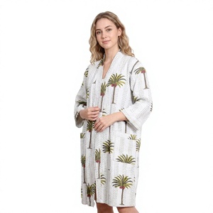 Robe longue tissée à la main à col en V avec ceinture, manches trois-quarts, taille haute, en coton 100% doux, respirant et à séchage rapide pour femme - Product Image 1