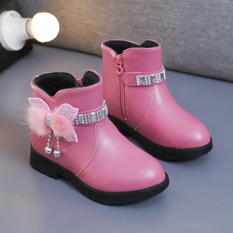 Filles chaud bottes en cuir bébé arc mignon coton chaussures hiver velours nouvelles bottes pour femmes
