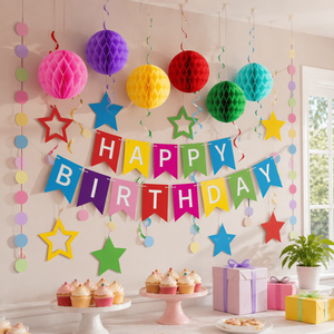 Colorful Birthday Party Decoration Set Paper Honeycomb Balls Star Banner Spiral Streamers Hanging Confetti - Product Image 5