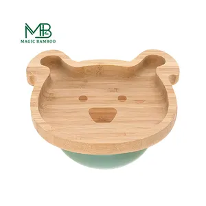 Bamboo Baby Feeding Circle Animal Plate With Suction Set For Kid Dinner Dish