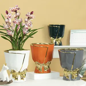 Luxo leve traçando ouro criativo buquê modelagem cerâmica vaso decorativo