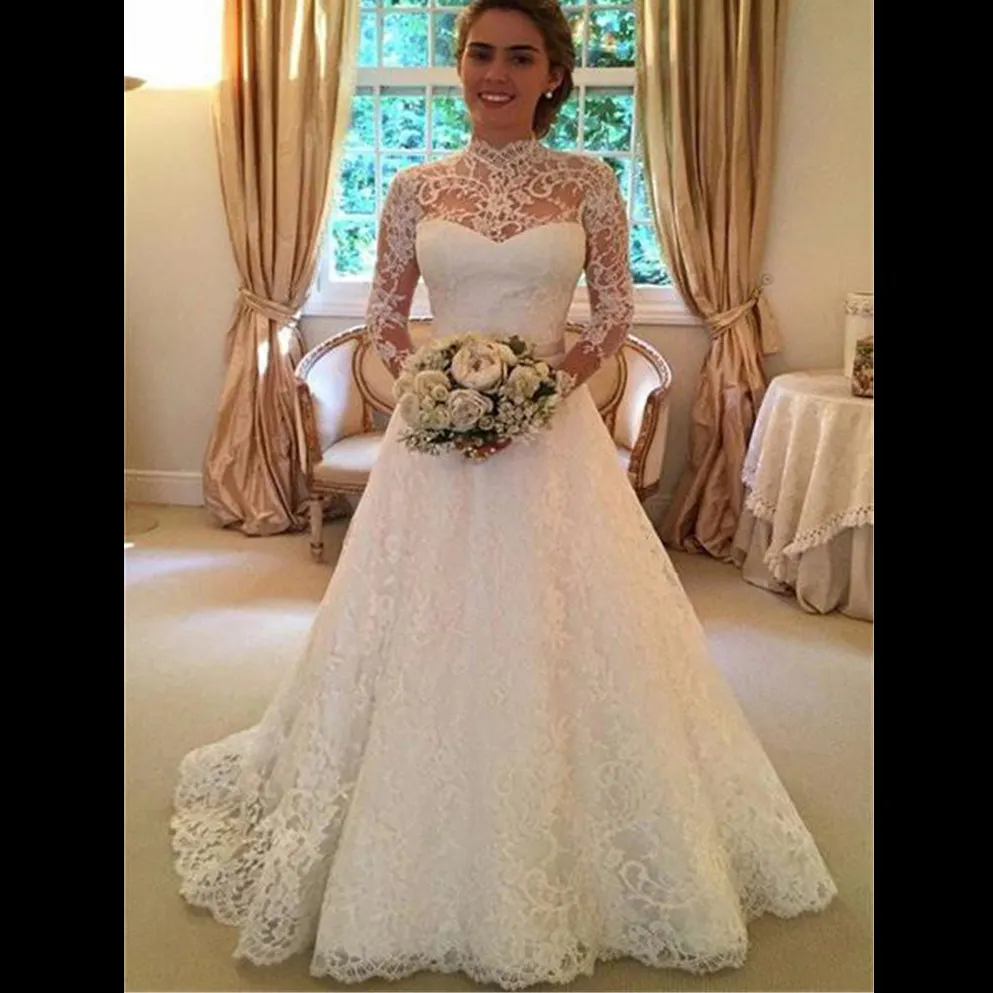 New wedding gown Lace long sleeve see-through wedding gown long skirt