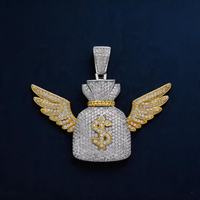 Pendentif Sac d'argent Moissanite Iced Out Hip Hop en Argent S925 Plaqué Or, Testeur de Diamant, avec Symbole Dollar et Ailes