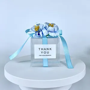 Romantic Transparent PVC Candy Boxes Creative Square 1mm Thick Paper Gift Packaging Floral Ribbon Wedding Decoration Food Use - Product Image 5