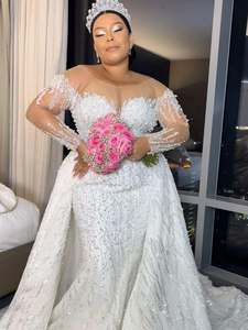 Vestido de Novia Personalizado 2025 Estilo Sirena con Mangas Largas, Vestido de Casamento con Cuentas Brillantes y Perlas, Cola Desmontable - Product Image 2