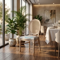 Chaise de salle à manger en plastique PP imitation bois antique avec dossier en rotin tressé à la main