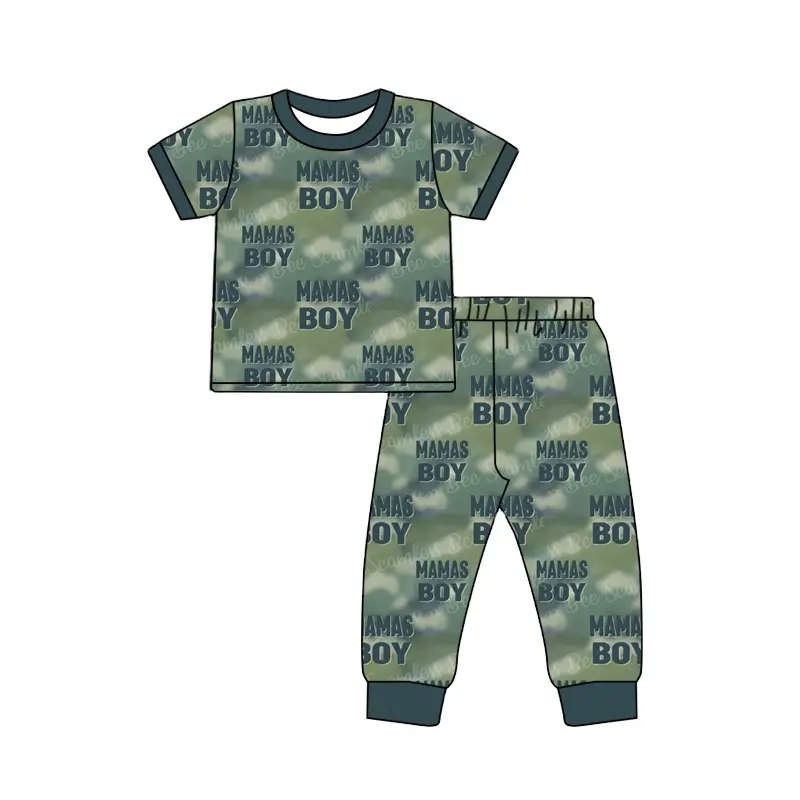 男の子のためのブティック子供服をカスタマイズする言葉プリントダークグリーン2個セット半袖トップ子供のためのロングパンツ服