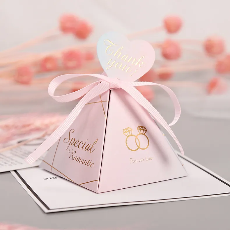 Wholesale Custom Luxury Biscuit Cookie Gift Packaging Pyramid Macaron Chocolate Box With Ribbon Closure Pink Small Pastry Box