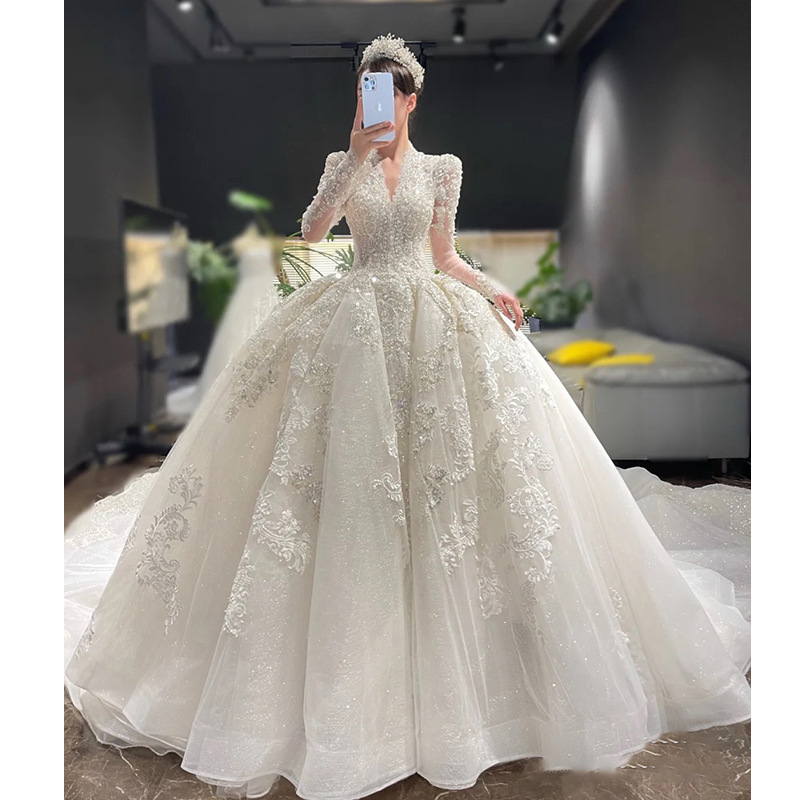 Luxury High-End Wedding Dress Long Sleeves Ball Gown Silhouette V-Neck  Large Tail Heavy Texture Floor-Length for Winter| Alibaba.com