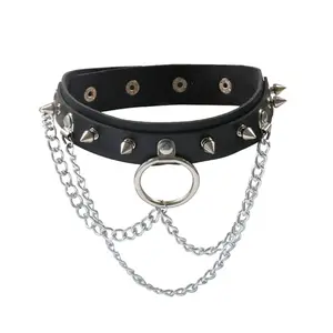 jinlong [] Punk style personality rivets with chain necklace ring collar