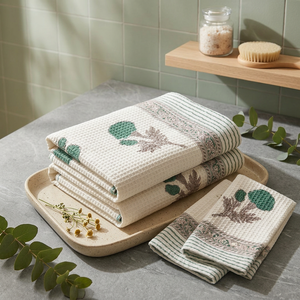 Juego de 2 Toallas de Mano y 1 Toalla de Baño de Algodón Waffle, Bordado con Hojas, Estampado a Mano, Absorbente, Ecológico, Decoración Personalizada para el Hogar - Product Image 3